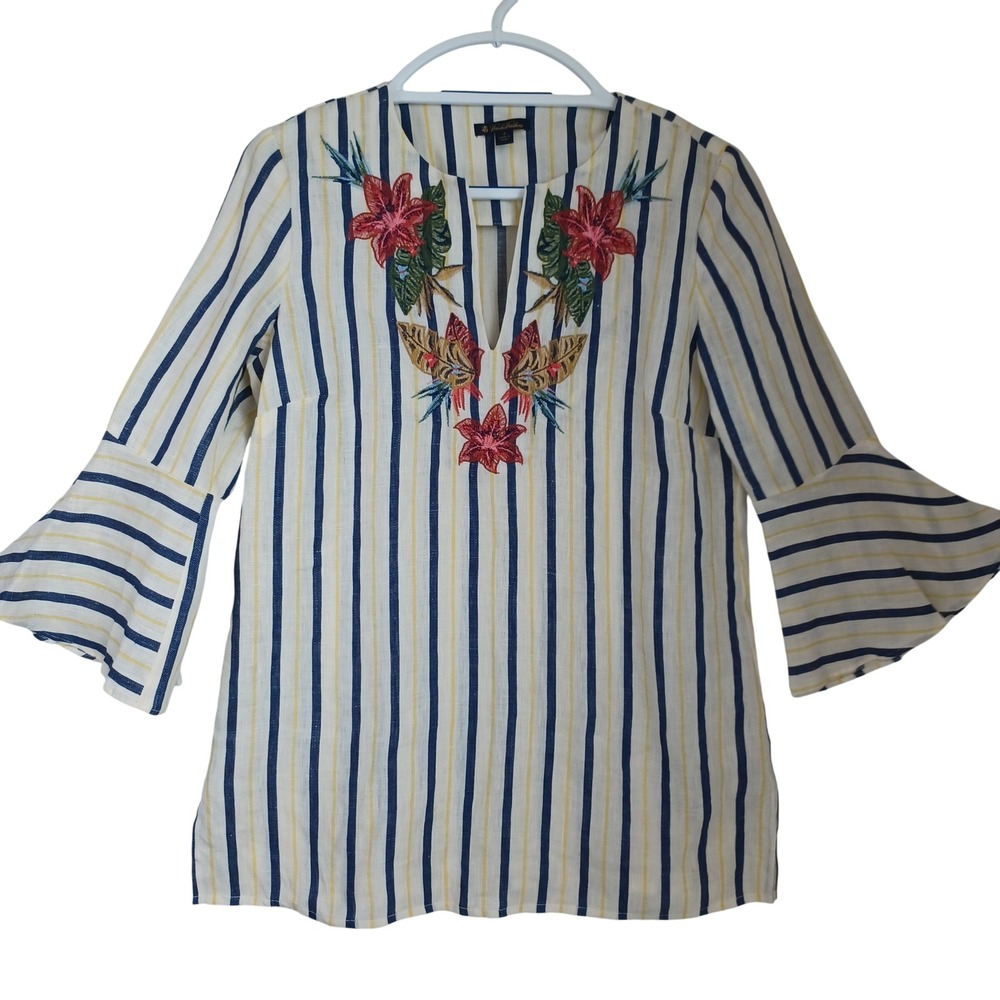 Brooks Brothers Womens Linen Striped Floral Embroidered Bell Sleeve Blouse Top 4